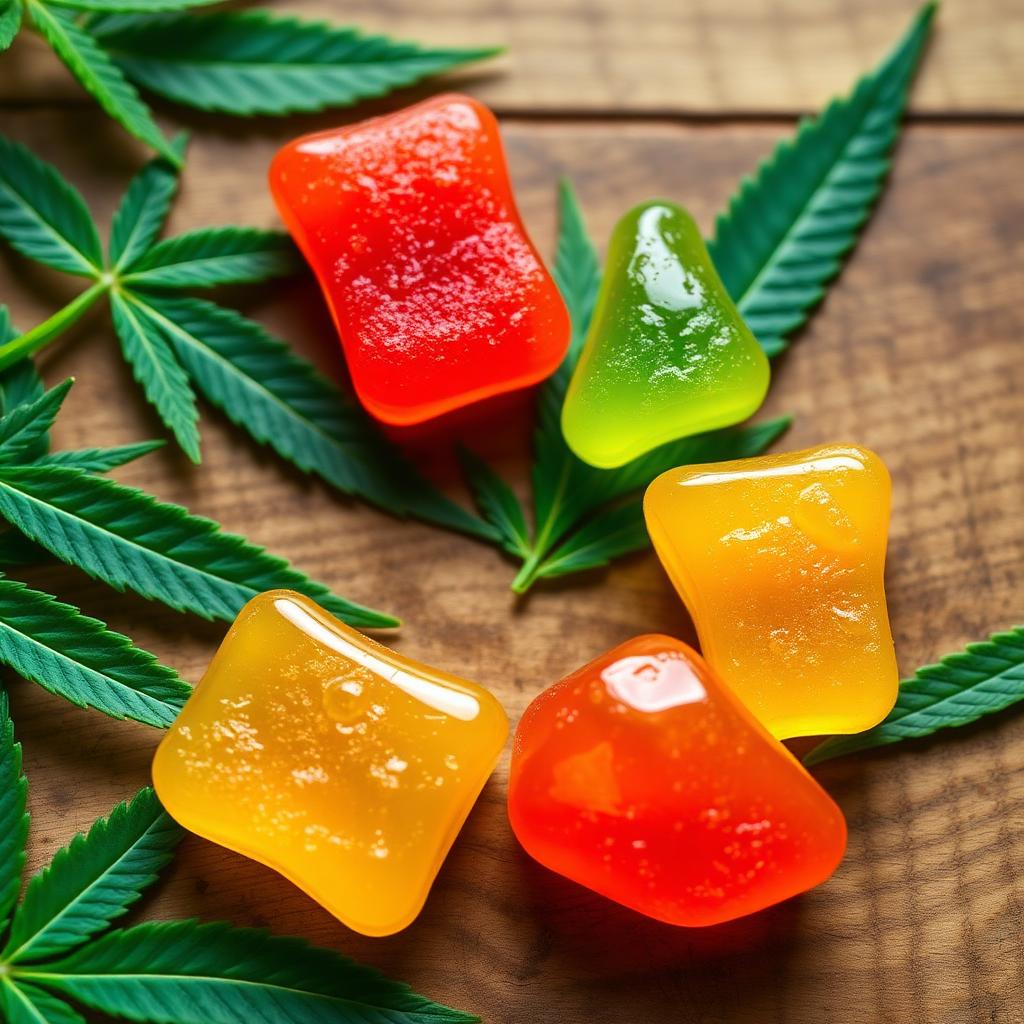 Colorful Medibloom CBD fruit gummies on hemp leaves