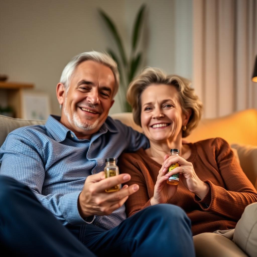 Happy couple relaxing after taking Medibloom CBD Gummies